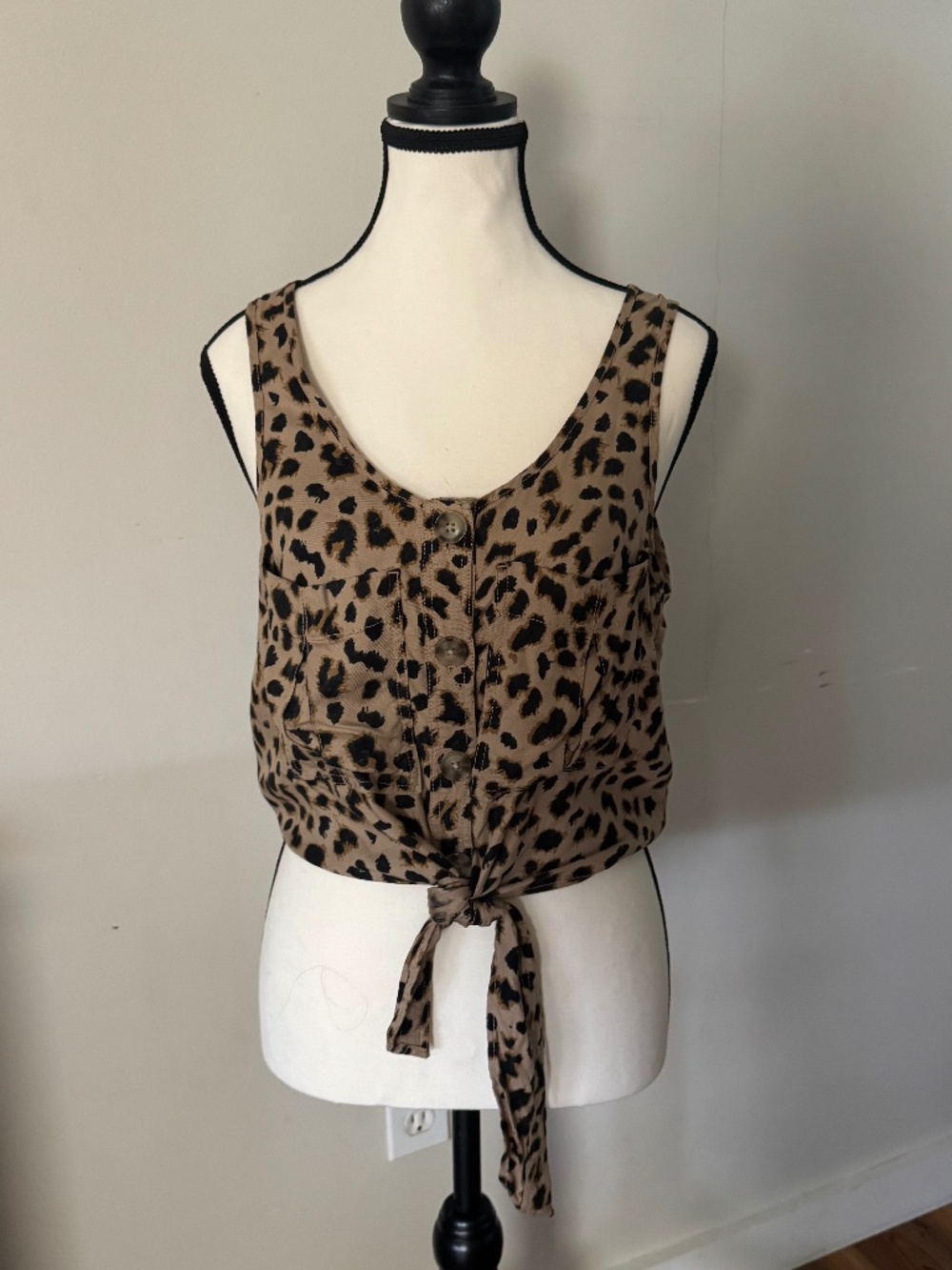 Express Leopard Print Tie-Front Crop Tank Top | Size Small | Safari Animal Print